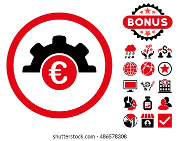 Euro Technology icon with bonus elements. Vector illustration style is flat iconic bicolor symbols, intensive red and black colors, white background.