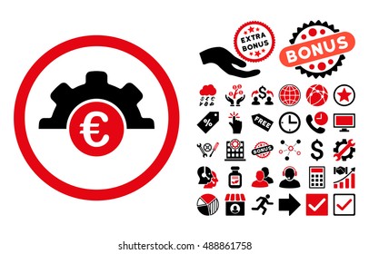 Euro Technology icon with bonus elements. Vector illustration style is flat iconic bicolor symbols, intensive red and black colors, white background.