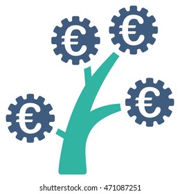 Euro Technology Tree icon. Vector style is bicolor flat iconic symbol with rounded angles, cobalt and cyan colors, white background.