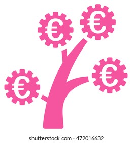 Euro Technology Tree icon. Vector style is flat iconic symbol with rounded angles, pink color, white background.