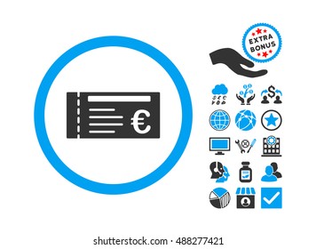 Euro Ticket icon with bonus elements. Vector illustration style is flat iconic bicolor symbols, blue and gray colors, white background.