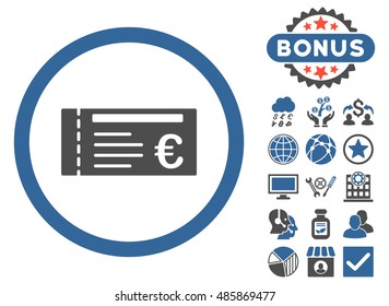 Euro Ticket icon with bonus pictogram. Vector illustration style is flat iconic bicolor symbols, cobalt and gray colors, white background.