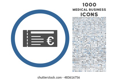 Euro Ticket rounded vector bicolor icon with 1000 medical business icons. Set style is flat pictograms, cobalt and gray colors, white background.