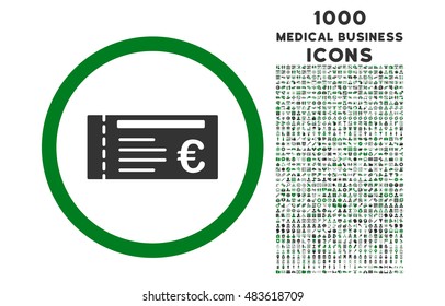 Euro Ticket rounded vector bicolor icon with 1000 medical business icons. Set style is flat pictograms, green and gray colors, white background.
