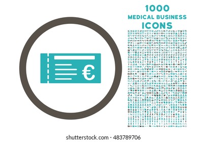 Euro Ticket rounded vector bicolor icon with 1000 medical business icons. Set style is flat pictograms, grey and cyan colors, white background.
