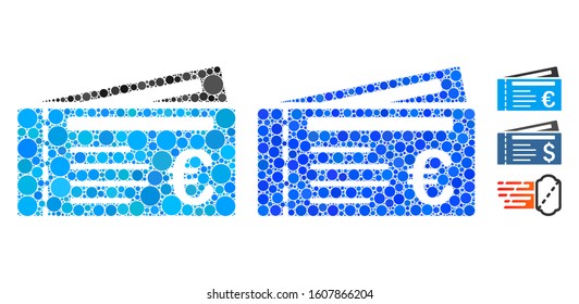 Euro tickets composition of spheric dots in different sizes and color hues, based on Euro tickets icon. Vector random circles are organized into blue composition.
