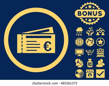 Euro Tickets icon with bonus elements. Vector illustration style is flat iconic symbols, yellow color, blue background.
