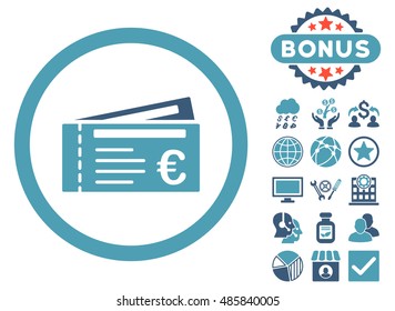 Euro Tickets icon with bonus elements. Vector illustration style is flat iconic bicolor symbols, cyan and blue colors, white background.