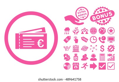 Euro Tickets icon with bonus elements. Vector illustration style is flat iconic symbols, pink color, white background.