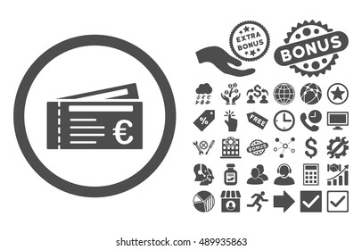 Euro Tickets pictograph with bonus elements. Vector illustration style is flat iconic symbols, gray color, white background.