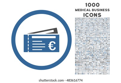 Euro Tickets rounded vector bicolor icon with 1000 medical business icons. Set style is flat pictograms, cobalt and gray colors, white background.