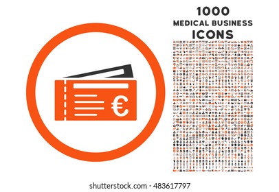 Euro Tickets rounded vector bicolor icon with 1000 medical business icons. Set style is flat pictograms, orange and gray colors, white background.