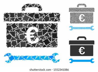 Euro toolbox mosaic of inequal elements in various sizes and color hues, based on Euro toolbox icon. Vector rugged parts are combined into collage. Euro toolbox icons collage with dotted pattern.