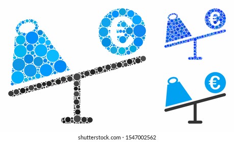 Euro trade swing composition of small circles in variable sizes and color tones, based on Euro trade swing icon. Vector small circles are combined into blue composition.