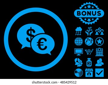 Euro Transactions icon with bonus design elements. Vector illustration style is flat iconic symbols, blue color, black background.