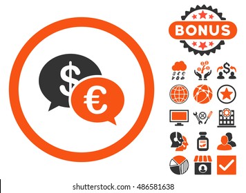Euro Transactions icon with bonus design elements. Vector illustration style is flat iconic bicolor symbols, orange and gray colors, white background.