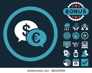 Euro Transactions icon with bonus images. Vector illustration style is flat iconic bicolor symbols, blue and white colors, dark blue background.