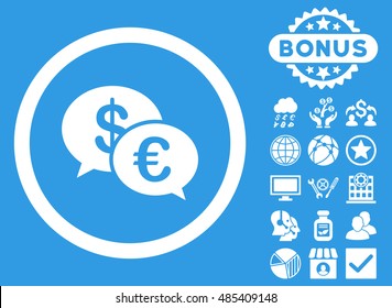 Euro Transactions icon with bonus pictures. Vector illustration style is flat iconic symbols, white color, blue background.