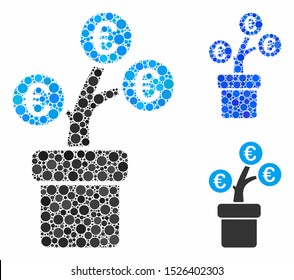 Euro tree pot composition for Euro tree pot icon of round dots in different sizes and shades. Vector round dots are combined into blue illustration.