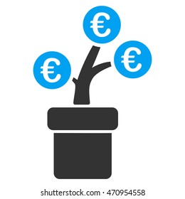 Euro Tree Pot icon. Vector style is bicolor flat iconic symbol with rounded angles, blue and gray colors, white background.