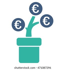 Euro Tree Pot icon. Vector style is bicolor flat iconic symbol with rounded angles, cobalt and cyan colors, white background.
