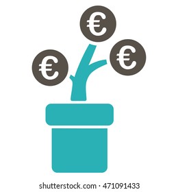 Euro Tree Pot icon. Vector style is bicolor flat iconic symbol with rounded angles, grey and cyan colors, white background.