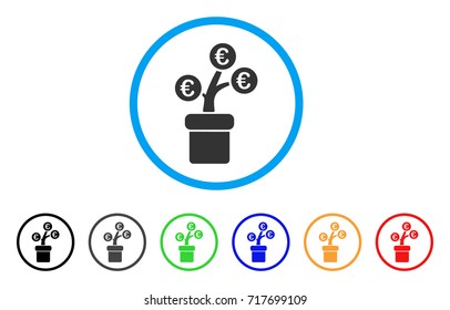 Euro Tree Pot rounded icon. Style is a flat euro tree pot grey symbol inside light blue circle with black, gray, green, blue, red, orange color versions.