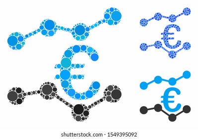 Euro trends mosaic of round dots in variable sizes and shades, based on Euro trends icon. Vector small circles are combined into blue mosaic. Dotted Euro trends icon in usual and blue versions.