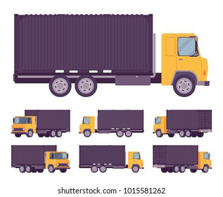 Euro truck, metal container. Large lorry, heavy road vehicle for carrying goods. Delivery, logistics, warehousing and transportation. Vector flat style cartoon illustration isolated, white background