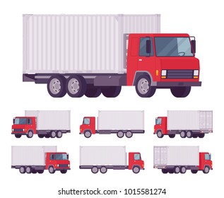 Euro Truck, Metal Container. Large Lorry, Heavy Road Vehicle For Carrying Goods. Delivery, Logistics, Warehousing And Transportation. Vector Flat Style Cartoon Illustration Isolated, White Background