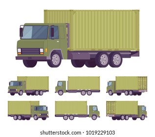 Euro truck, metal container. Large lorry, heavy road vehicle for carrying goods. Delivery, logistics, warehousing and transportation. Vector flat style cartoon illustration isolated, white background