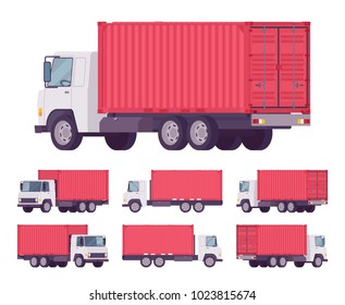 Euro truck, metal container. Large lorry, heavy road vehicle for carrying goods. Delivery, logistics, warehousing and transportation. Vector flat style cartoon illustration isolated, white background