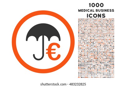 Euro Umbrella rounded vector bicolor icon with 1000 medical business icons. Set style is flat pictograms, orange and gray colors, white background.