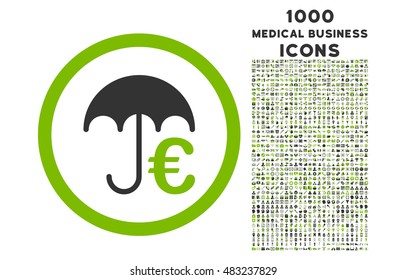 Euro Umbrella rounded vector bicolor icon with 1000 medical business icons. Set style is flat pictograms, eco green and gray colors, white background.