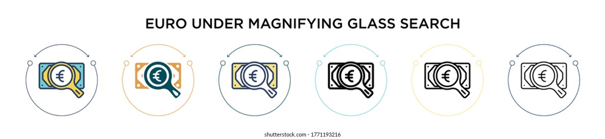 Euro under magnifying glass search icon in filled, thin line, outline and stroke style. Vector illustration of two colored and black euro under magnifying glass search vector icons designs can be