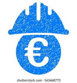Euro Under Safety Helmet grainy textured icon for overlay watermark stamps. Flat symbol with dirty texture. Dotted vector blue ink rubber seal stamp with grunge design on a white background.
