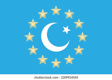Euro union with turkey flag. Vector twelve european golden shapes stars with moon isolated on a blue background. EU emblem sky.