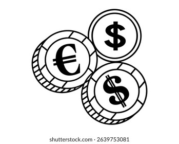 Euro and US Dollar Currency Exchange Illustration, vector graphic icons of Euro and US Dollar currency symbols, overlapping Euro and US dollar coins, currency, money, finance, international, global, e