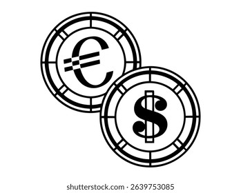 Euro and US Dollar Currency Exchange Illustration, vector graphic icons of Euro and US Dollar currency symbols, overlapping Euro and US dollar coins, currency, money, finance, international, global, e