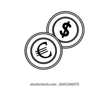 Euro and US Dollar Currency Exchange Illustration, vector graphic icons of Euro and US Dollar currency symbols, overlapping Euro and US dollar coins, currency, money, finance, international, global, e