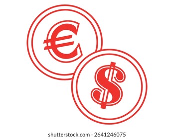 Euro and US Dollar Currency Exchange Illustration, vector graphic icons of Euro and US Dollar currency symbols, overlapping Euro and US dollar coins, currency, money, finance, international, global, e