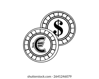 Euro and US Dollar Currency Exchange Illustration, vector graphic icons of Euro and US Dollar currency symbols, overlapping Euro and US dollar coins, currency, money, finance, international, global, e