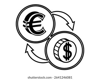 Euro and US Dollar Currency Exchange Illustration, vector graphic icons of Euro and US Dollar currency symbols, overlapping Euro and US dollar coins, currency, money, finance, international, global, e