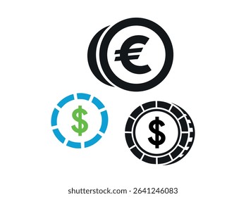 Euro and US Dollar Currency Exchange Illustration, vector graphic icons of Euro and US Dollar currency symbols, overlapping Euro and US dollar coins, currency, money, finance, international, global, e