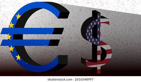 Euro to US Dollar EUR USD Spike Currency. Europe Union, USA banner, template, background, web Partnerships trade, strategic partnership, sanctions, duties, recession, depression.
