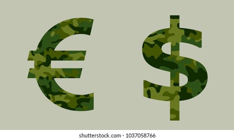 Euro and US dollar symbols with khaki camouflage pattern. Metaphor of budget and funds of army and military / money spent as investment into armament and militarization