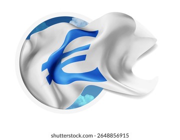 Euro, vetor 3d bandeira contra um céu azul, através de um buraco redondo em um fundo branco