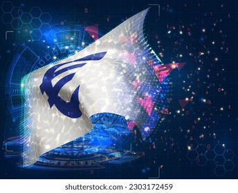 Euro, indicador vectorial, objeto 3D virtual abstracto de polígonos triangulares sobre fondo azul