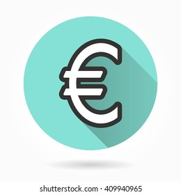 Euro   vector icon with long shadow. White illustration isolated on green background for graphic and web design.  