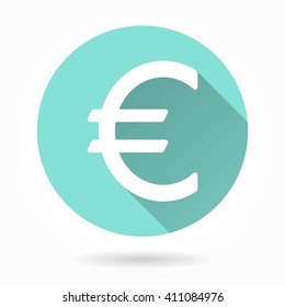 Euro vector icon with long shadow. White illustration isolated on green background for graphic and web design.  